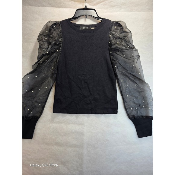 DO+BE Tops - DO+BE Black Knit Pearl Embellished Sheer Puff Sleeve Top Y23569 Mens S